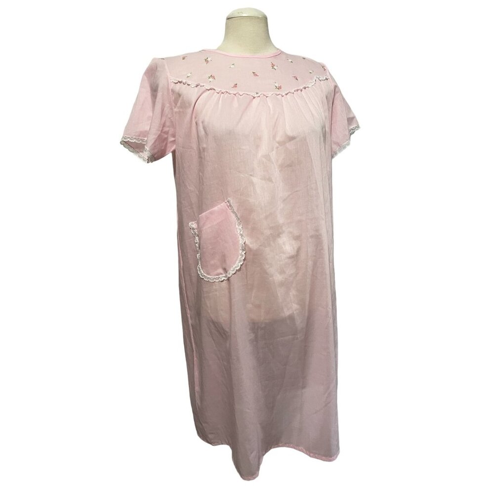 Vintage Handmade Pink Floral Embroidered Wrap Night Gown Robe Sz S/M Womens Shor